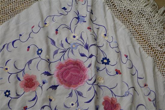 A Chinese cream multi-coloured embroidered shawl